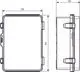 Box von Ideal Standard mit rechteckiger Form und verschließbarem Deckel, Ansicht von vorne und der Seite, mit klaren Konturen und aufgedruckter Öffnungsmarkierung.